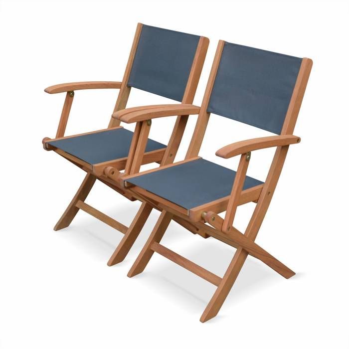 Sillones de jardín en madera y textilene - Almería Gris Antracita - 2 sillones plegables en madera de eucalipto aceitada y textilene