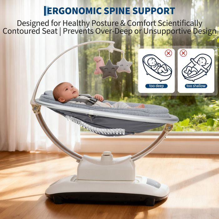 Mecedora eléctrica para bebé con 5 movimientos, velocidad regulable, mando a distancia, reclinable, arnés de 5 puntos y nanas - gris claro