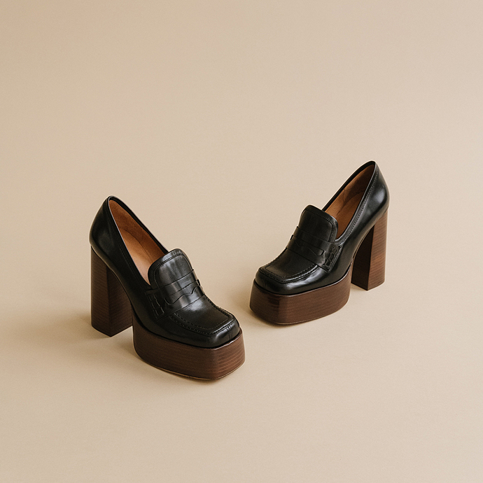 Mocassins à plateformes et bouts carrés  en cuir noir