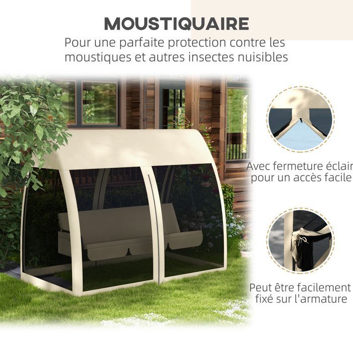 Columpio de jardín Outsunny - convertible - 3 plazas - con toldo y cojines - malla con bolsillo con cremallera - beige