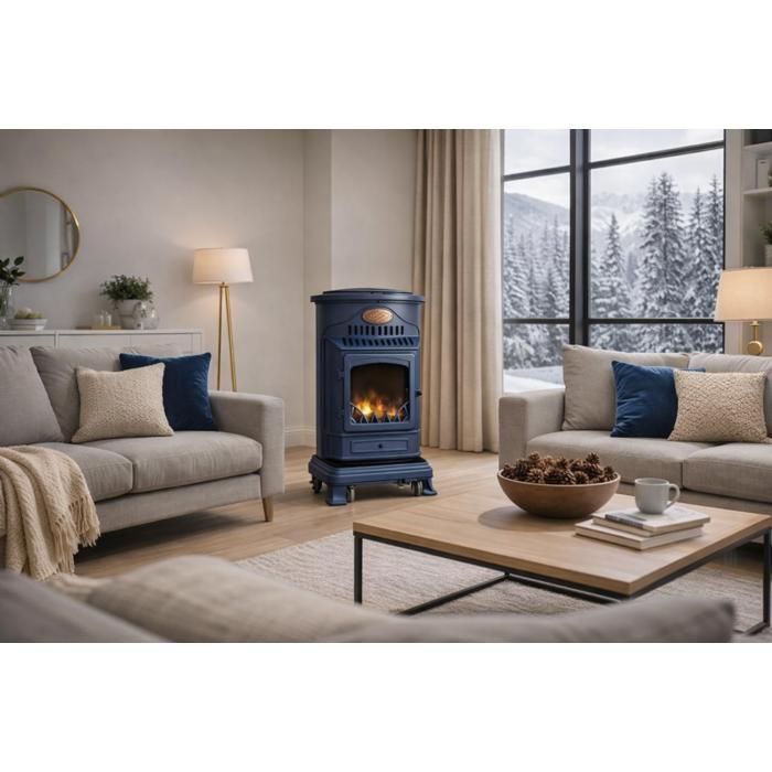 Poele à gaz 3,4KW Bleu Saphir Mat Effet poêle à bois Fonte véritable + Tuyau gaz + détendeur butane Provence Sahara