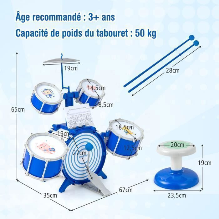 COSTWAY Children's Jazz Drum Set with Stool - 5 Detachable Drums, Cymbal, Drumsticks, Pedal - Educational Instrument Toy for 3 Year Olds
