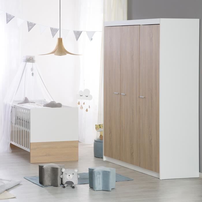 Armoire Bébé 3 Portes Gabriella - ROBA - Blanc / Chêne Sonoma - Penderie et 6 Étagères