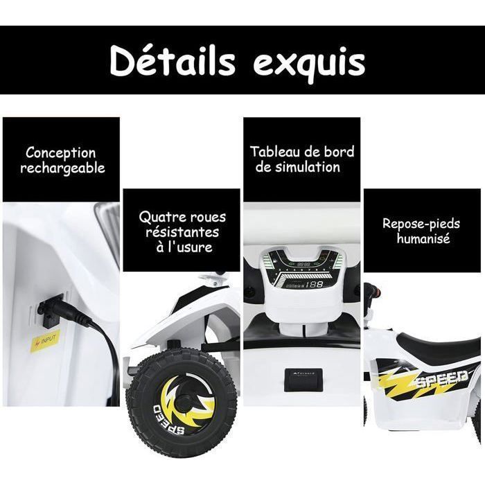 Quad eléctrico COSTWAY para niños, 6 V, 4,5 km/h máx. Cochecito para niños de 3 años en adelante, blanco.