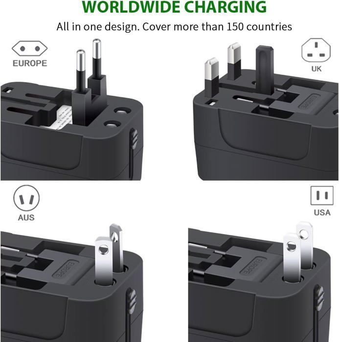 Adaptador de enchufe de viaje universal, con USB C, adaptador universal de Francia a EE. UU., UE, Reino Unido, Alemania, Australia, China y Japón, color negro.