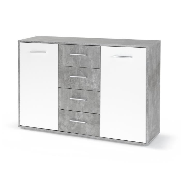 Aparador bajo PILVI - 2 puertas y 4 cajones - Blanco y hormigón claro - Ancho 122,6 x Profundidad 34,2 x Alto 81,1 cm