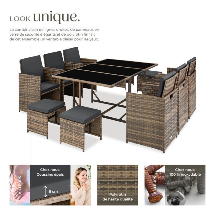 Conjunto de jardín - TECTAKE - Conjunto de salón de jardín MALAGA de 10 plazas con funda, apilable, fabricado en polietileno - Marrón natural