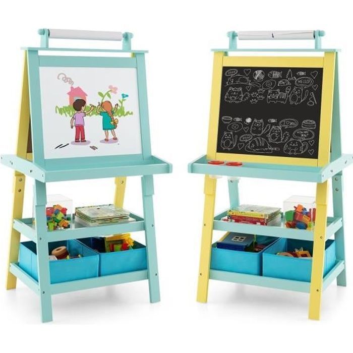 COSTWAY Children's Easel - Magnetic White and Black, Paper Roll (Paper Included), 3 Shelves and 2 Storage Bins Light Blue