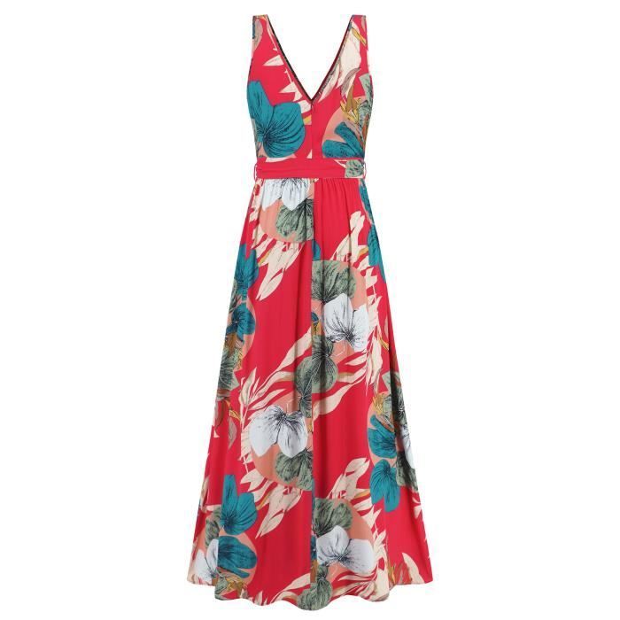 Vestido largo de verano sin mangas para mujer, con escote en V profundo y estampado floral, con cinturón cómodo - Rojo