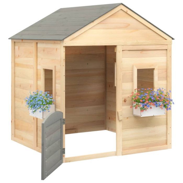 vidaXL Playhouse with Lockable Door/Flowers, Solid Fir Wood, Wooden Playhouse, Children's Play Area, 93687