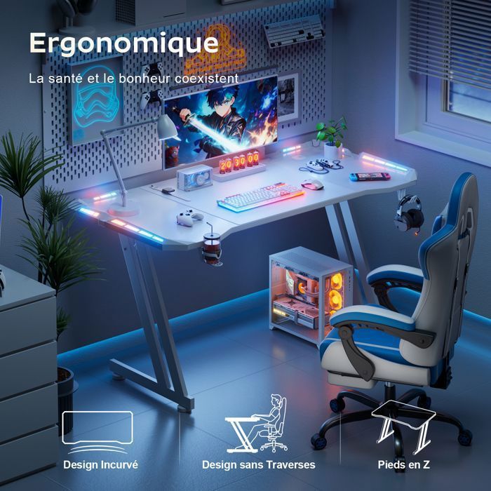 Scrivania da gaming - HLONONE - 140 x 60 cm - Resistente ai graffi - Ergonomica - LED bianchi