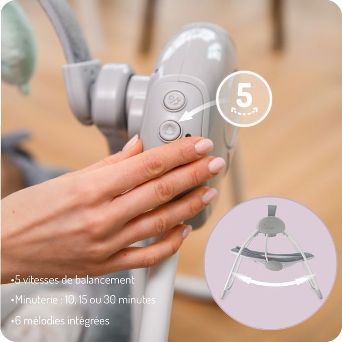 MoMi LISS – Balancelle Bébé Électrique Pliable – 5 Vitesses – Timer – 6 Mélodies – Jouets Ajustables – Grise