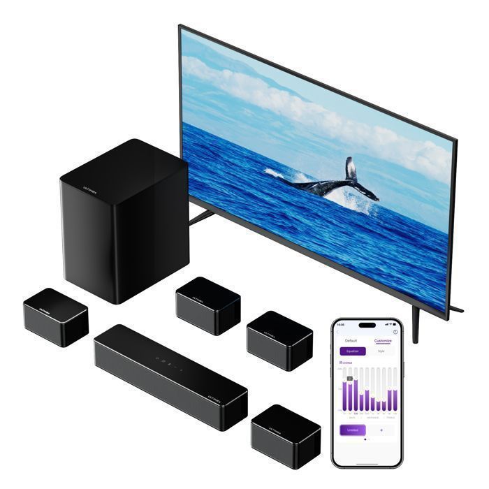 Barra de sonido envolvente ULTIMEA 7.1, control por aplicación, barra de sonido para TV con subwoofer ajustable y 4 altavoces de sonido envolvente.