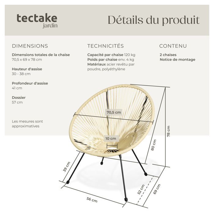 Fauteuils de jardin - TECTAKE - Lot de 2 chaises de jardin SANTANA avec Cordage élastique en polyéthylène 70,5 x 69 x 78 cm - Beige