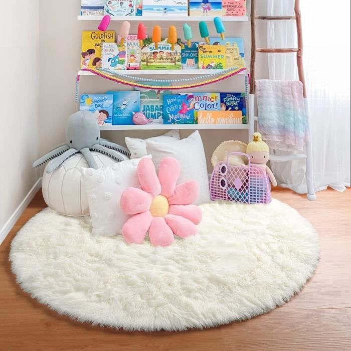 Tapis Rond Chambre 120cm - Anti Slip Doux Moelleux - Blanc