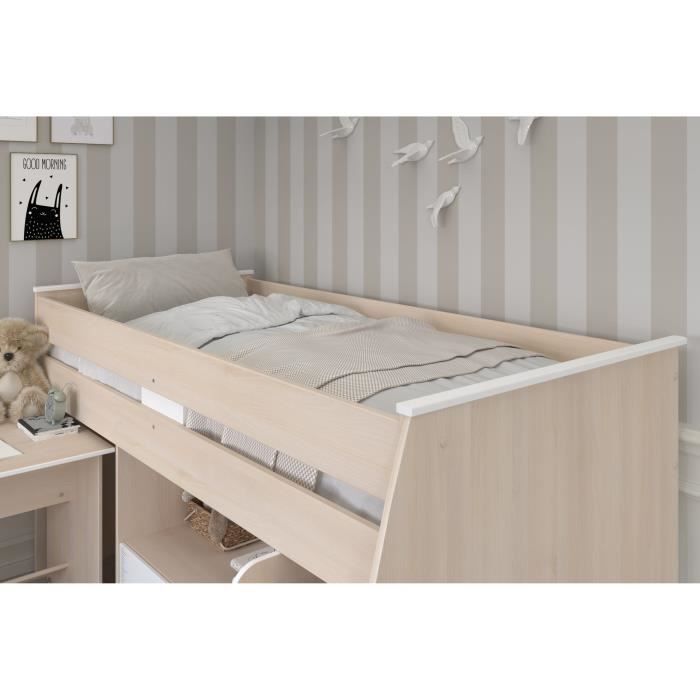 Cama infantil combinada Parisot ZOLA de 90x200 cm - 2 puertas - Con escritorio - Acabado en madera de acacia clara y blanco