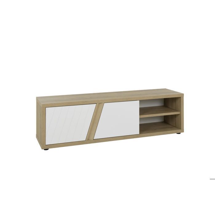 Mueble para TV con 2 puertas, blanco mate y efecto madera de roble, con espacio de almacenamiento.