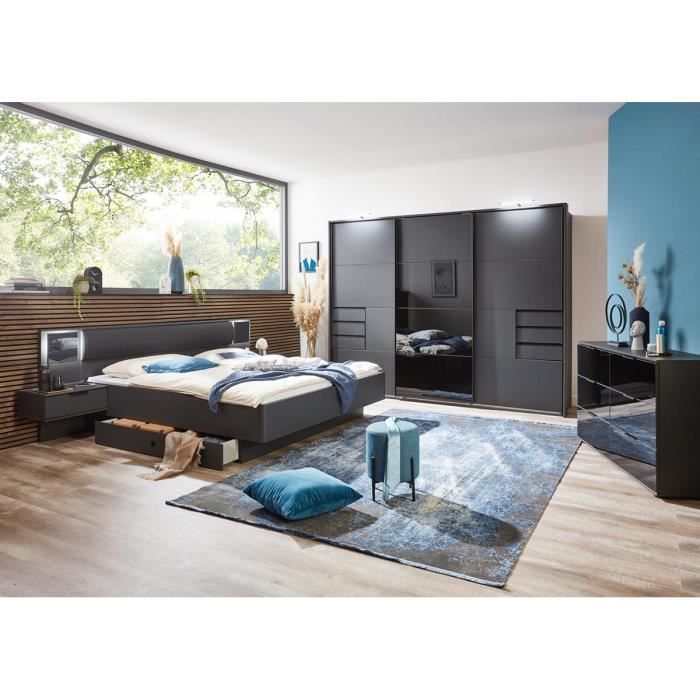 Letto matrimoniale king size (180 x 200 cm) + 2 comodini in grigio grafite - Lunghezza 289 x Profondità 210 x Altezza 92 cm