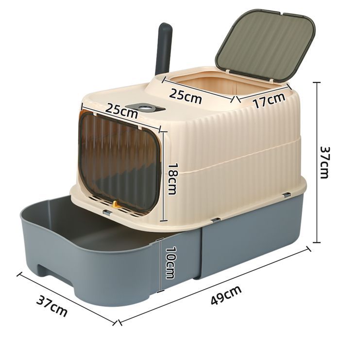 Bac à Litière Fermé pour Grand Chat, Maison de Toilette, Plateau Amovible, Pelle, Brosse, Capacité 18 kg, Anti-fuites, Gris