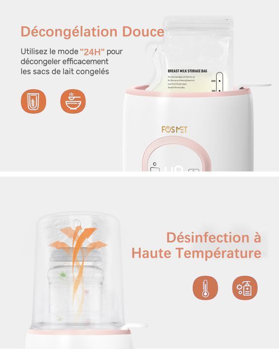 FOSMET Chauffe Biberon pour Bébé 6 en 1 - avec Écran LED - Contrôle intelligent de la Température et Arrêt Automatique - Rose