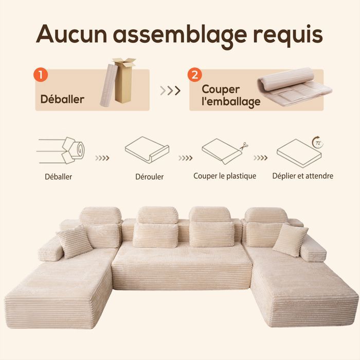 Sofá modular extragrande em formato de U com 2 chaises, estofamento confortável em veludo cotelê com espuma viscoelástica, sem necessidade de montagem, bege