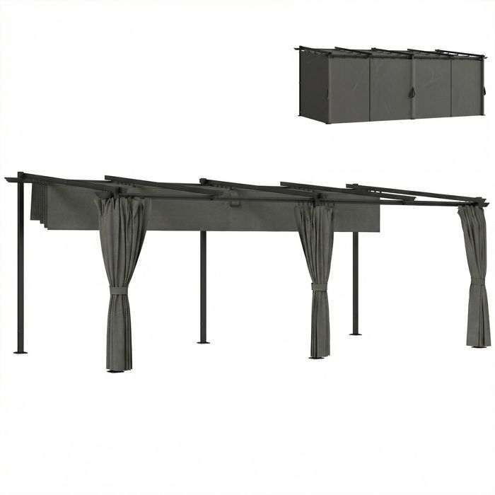 Tonnelle de jardin rétractable - Outsunny - toit coulissant - rideaux latéraux - métal - 3x6m - gris foncé