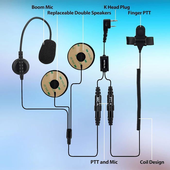Retevis EHK010 Walkie Talkie per casco da moto con auricolare a 2 pin e microfono, compatibile con radio RT24 e RT27, Baofeng UV 5R 888S eSynic e Kenwood