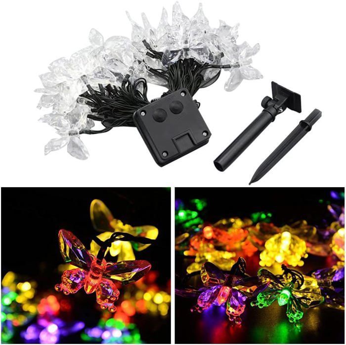 Guirlande lumineuse solaire à 20 LED en forme de papillon - Étanche - Pour extérieur - 5 m (lumières multicolores)