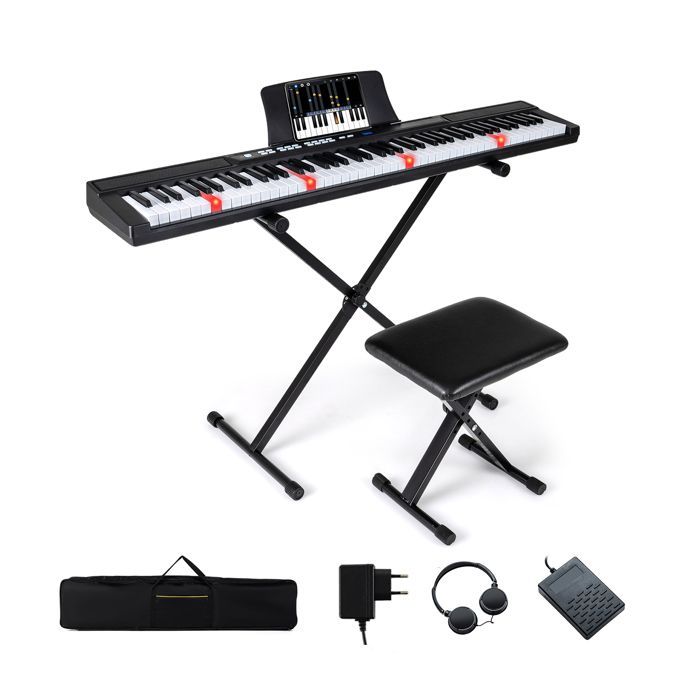 Teclado de piano digital GIANTEX de 88 teclas - Banqueta - Suporte - Fones de ouvido - Volume ajustável - Conexão MIDI - Iniciantes e profissionais - Preto