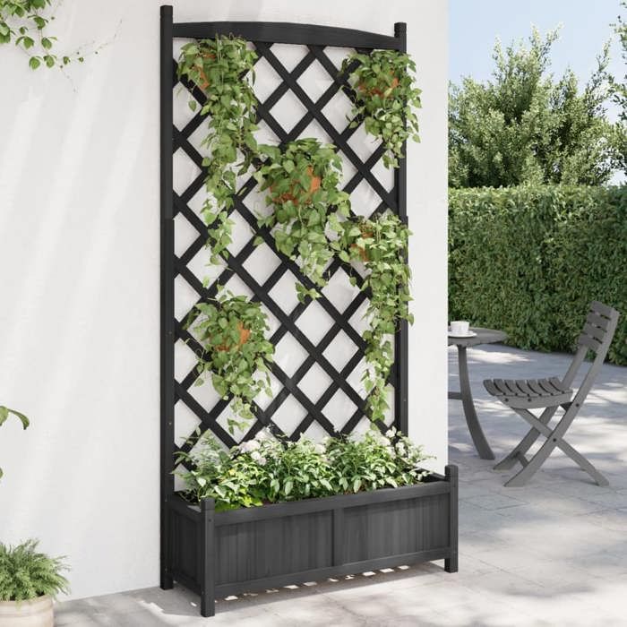 vidaXL Macetero con enrejado, jardinera elevada, caja de flores, maceta, caja de flores para jardín, patio, terraza, madera negra 365493