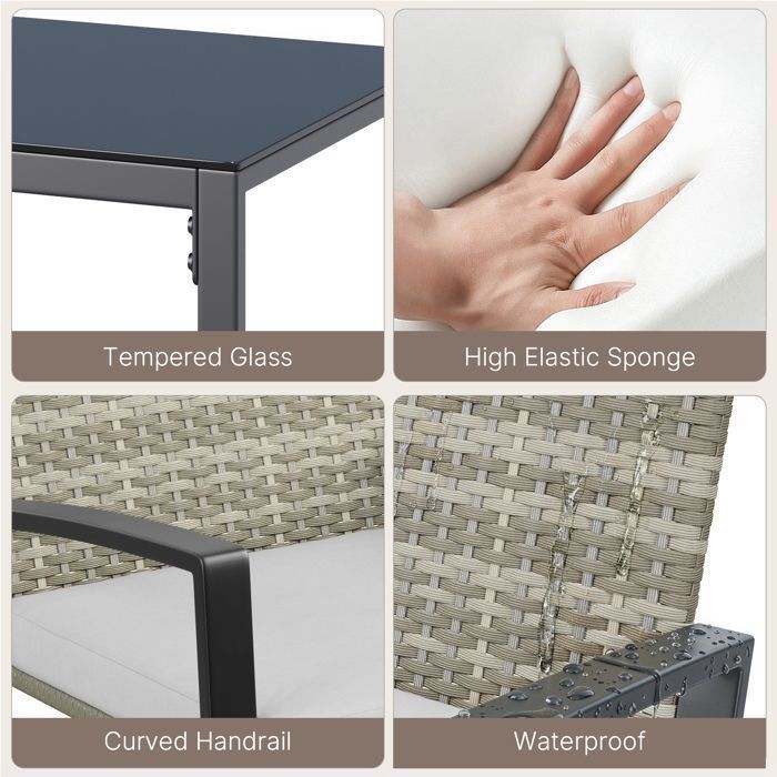 Salon de Jardin - Bealife - 4 Personnes - Coussin Déhoussable - Cadre Métal - Résine Tressée Gris Kaki - 1 Table Verre Trempé