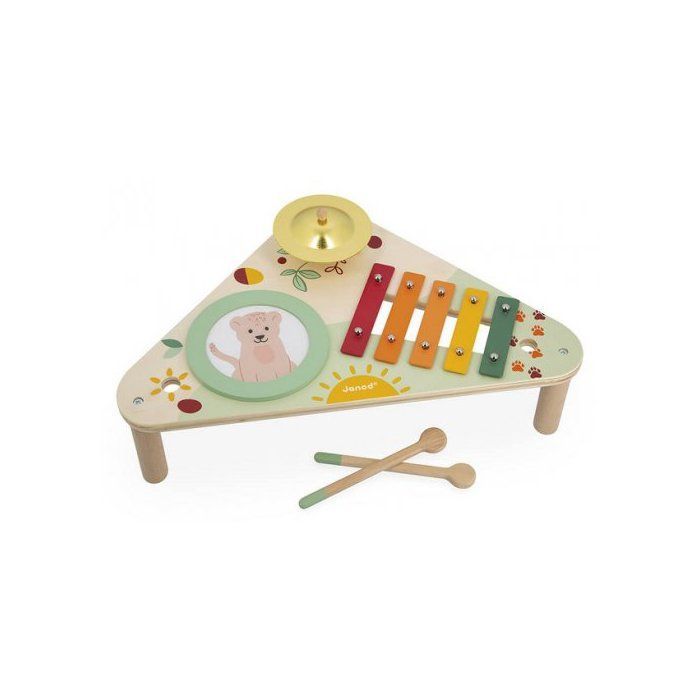 Tavolo musicale in legno Leo il cucciolo di leone per neonati - 3 attività con strumenti musicali: tamburo, piatti, xilofono - Giocattolo educativo per la prima infanzia + carte con animali