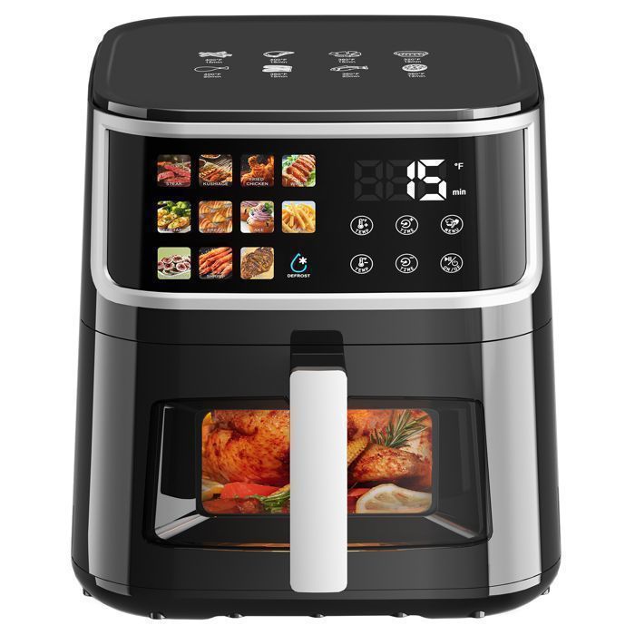 Freidora de aire sin aceite de 8,5 L, 1700 W con ventana transparente, pantalla táctil LED, 12 programas preestablecidos, 80-200 °C.