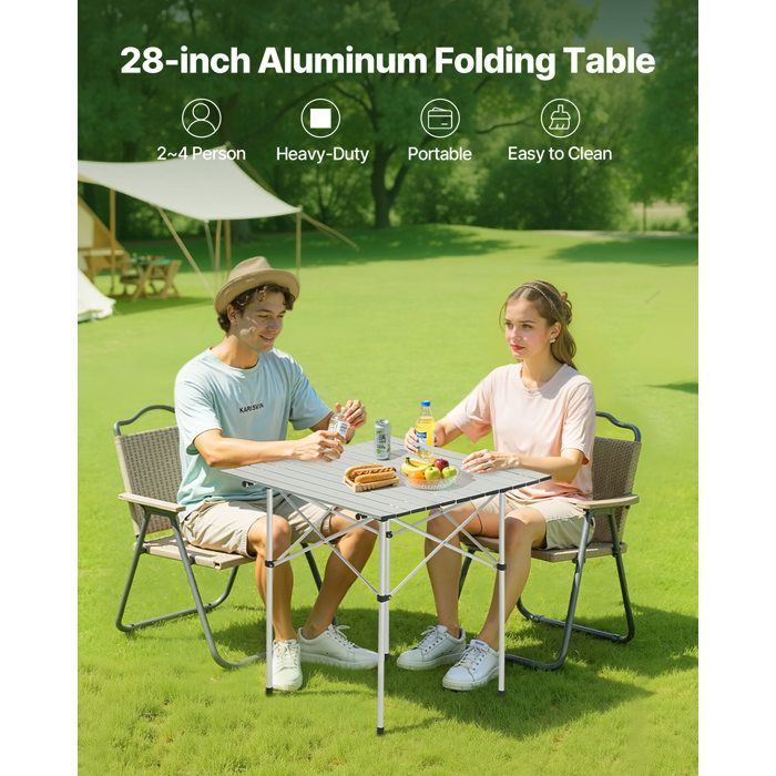 Mesa de camping plegable y enrollable VEVOR de 70x70 cm con bolsa de transporte - Mesa auxiliar portátil - Aluminio - Plata