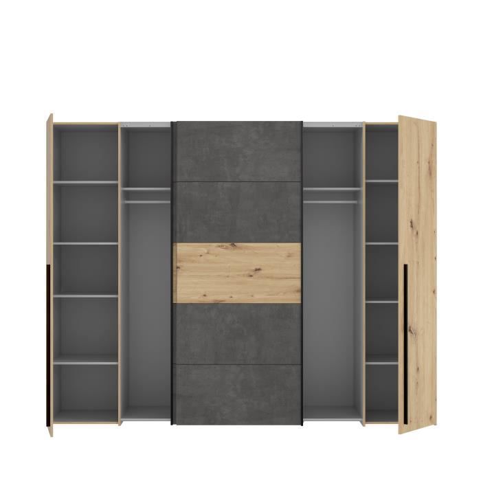 Wardrobe - Artisan oak and grey concrete finish - 2 hinged doors + 2 sliding doors - W 270.3 x D 61.2 x H 210 cm - NARAGO