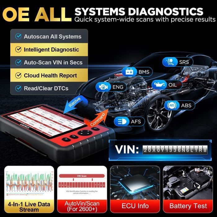 LAUNCH CRP909E OBD II Car Diagnostic Scanner in French with 2 years of free updates, 28 Services, TPMS, SAS, DPF, ABS