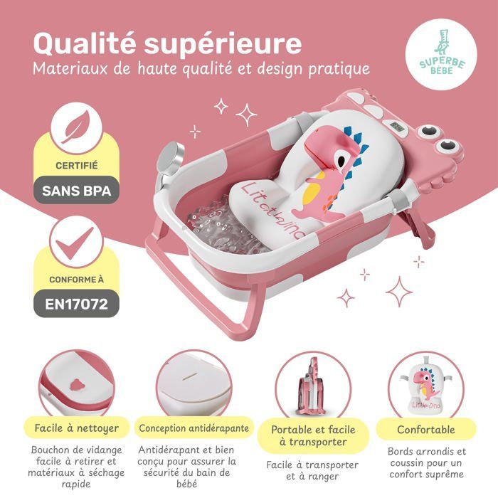Vaschetta da bagno pieghevole per neonati - Termometro e cuscino inclusi - DINOSAURO - Rosa | SUPERB BABY
