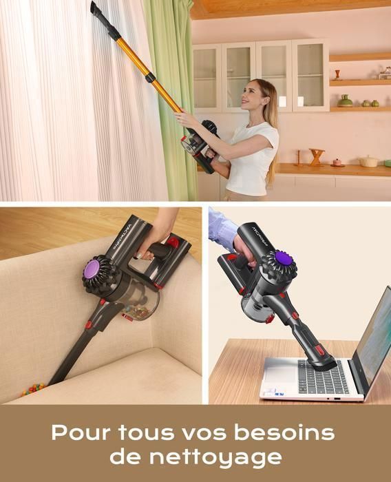 VACTechPro Aspirateur Balai sans Fil,35kPa Aspirateur sans Fil, 6-en-1, 35 Minutes d'Autonomie avec Batterie Amovible