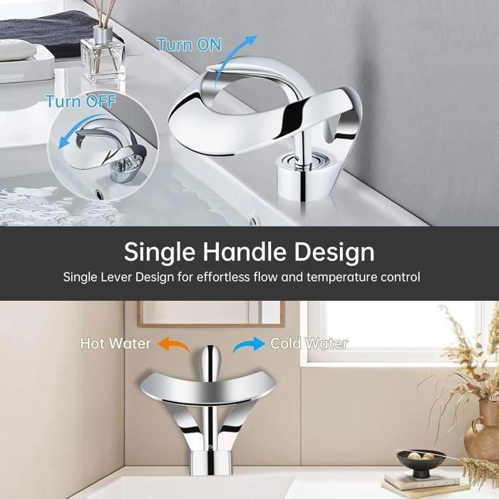 Rubinetto da bagno a cascata, elegante miscelatore per lavabo, acqua calda e fredda disponibili, finitura cromata.