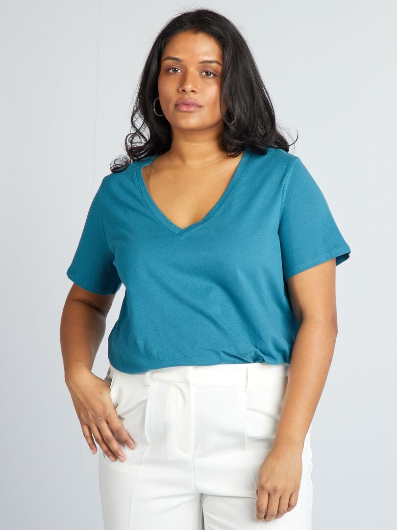 V-hals jersey T-shirt - Eendenblauw