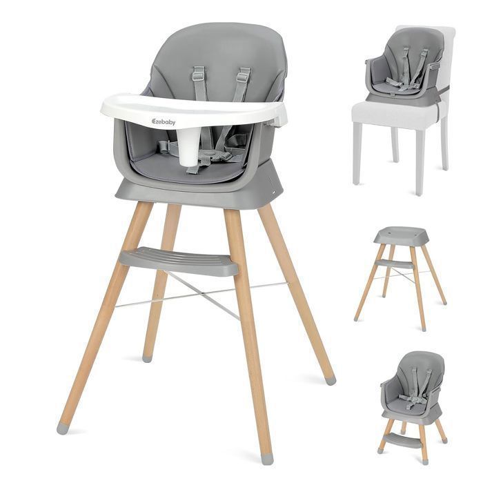 High chair booster seat, bar stool, 6-in-1 multifunctional high chair, wooden legs, from 6 months, grey