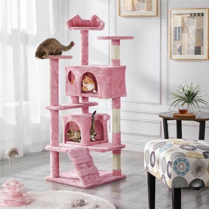 Pink Cat Tree - Yaheetech - Height 138.5cm - 2 Caves, 3 Platforms, 2 Natural Sisal Balls - Multi-Cat Climbing Tree - 3-4 Cats