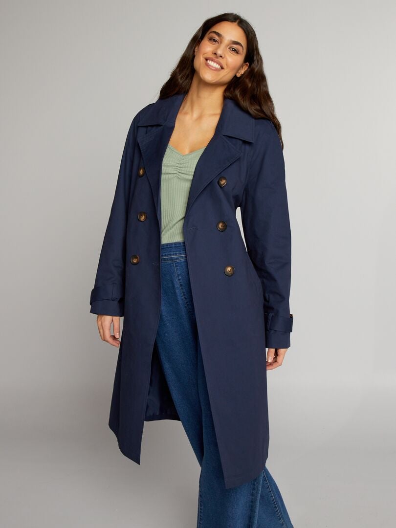 Lange trenchcoat met riem - Marineblauw