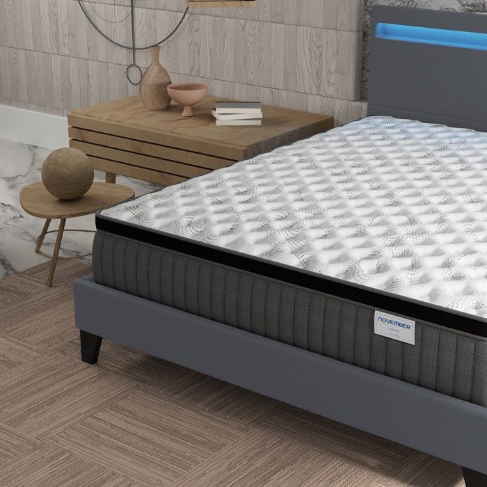 Colchón y cama (140x200cm) - Elekctra 30cm Muelles ensacados y espuma viscoelástica + Base de láminas estable y cabecero con iluminación LED Gris