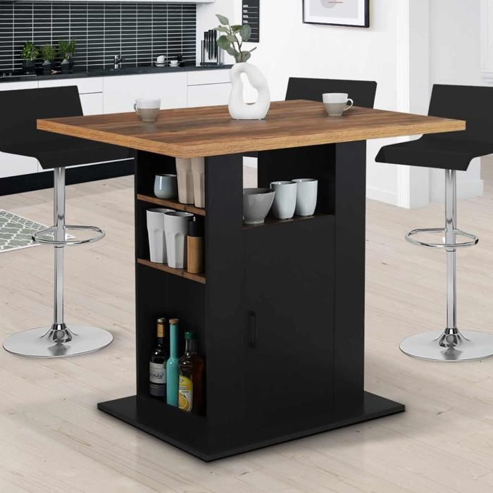 IDMARKET Ilot central UGO 110 cm bois noir et effet bois foncé HAWKINS avec rangements