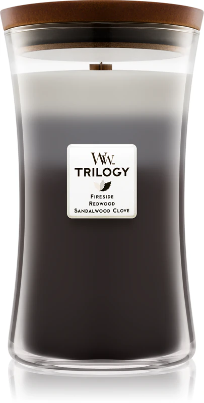 Vela perfumada Woodwick Trilogy Warm Woods com pavio de madeira