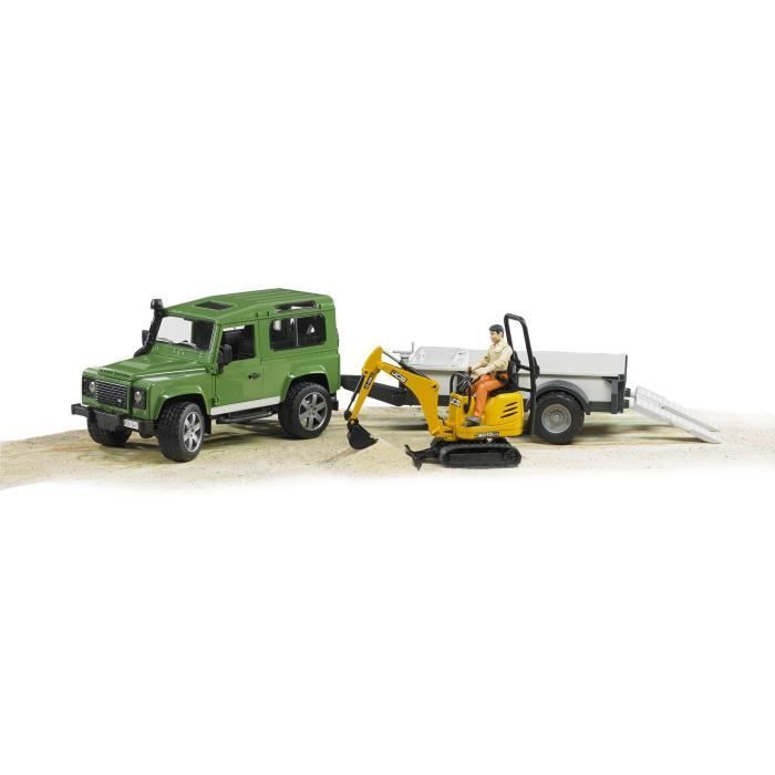 Land Rover Defender avec remorque et mini-pelle JCB - BRUDER
