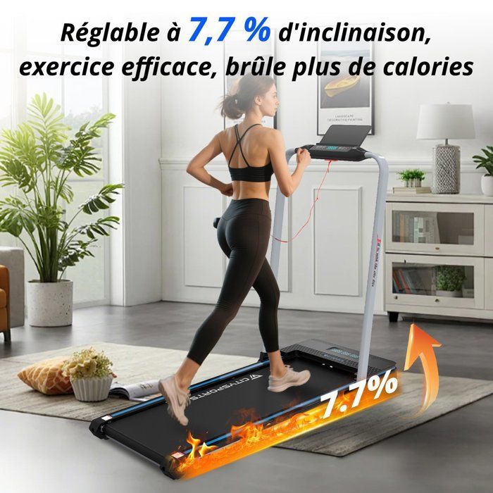 Tapis de Course Pliable et Inclinable à 7.7%,1400W,CITYSPORTS WP3,1-12km/h.Noir avec bleu.APP.Bluetooth