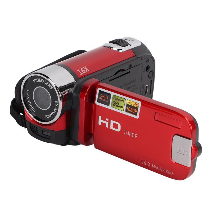 Videocámara portátil OMABETA Full HD con pantalla giratoria de 270° y color rojo.