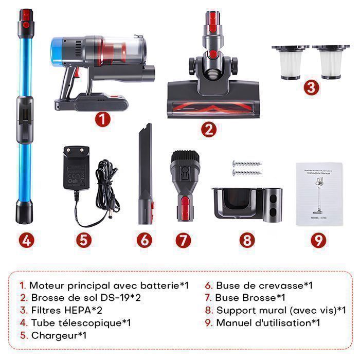 Aspirateur balai - MONMECD - 400W - Sans fil - 45kPa - 60 min autonomie